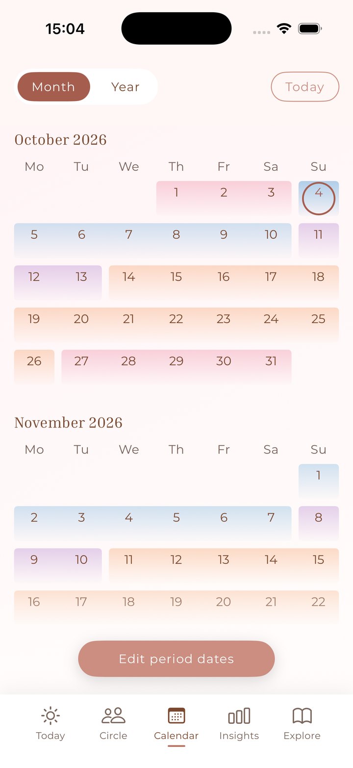 Anima Cycle app cycle calendar with upcoming phases highlighted