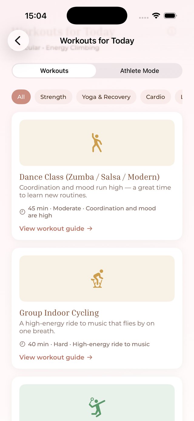Anima Cycle workouts for today with an Athlete Mode switch
