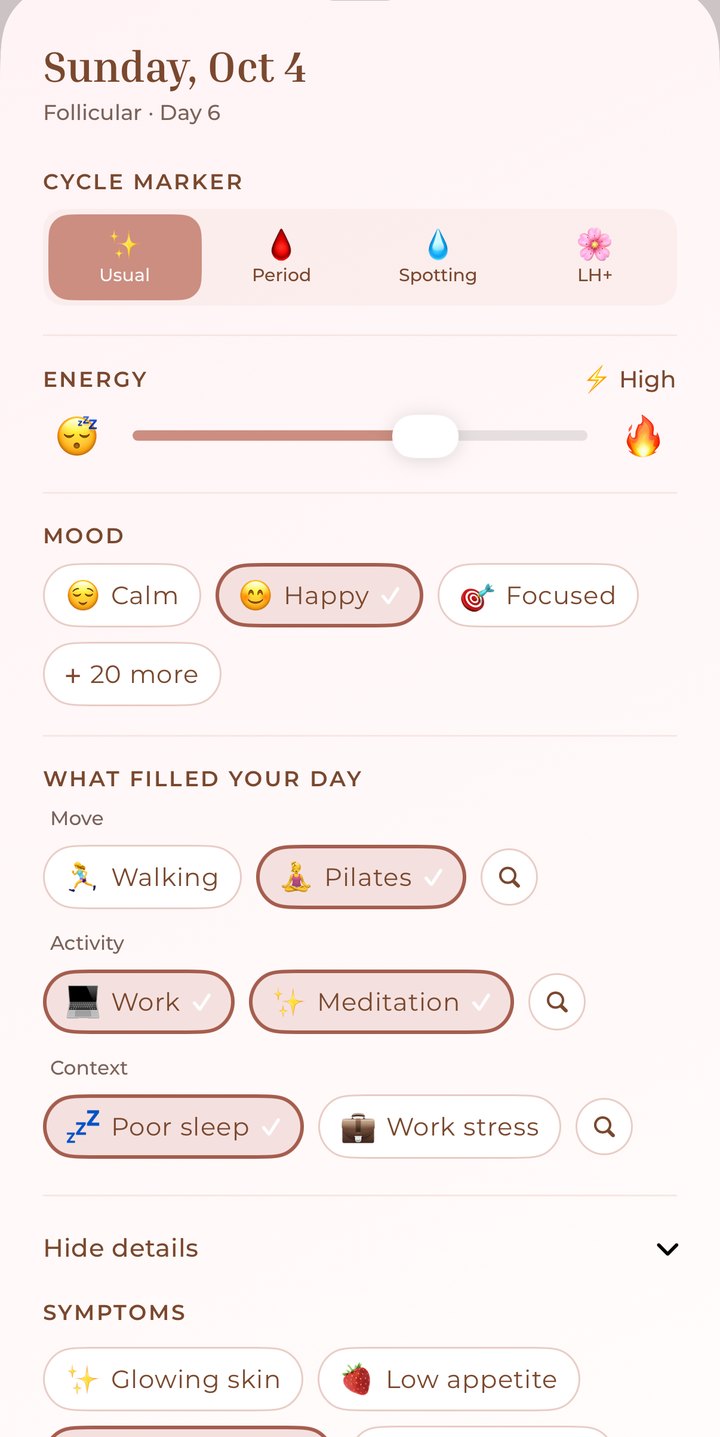 Anima Cycle daily log: cycle marker, energy slider, mood, what filled your day and symptoms for one day