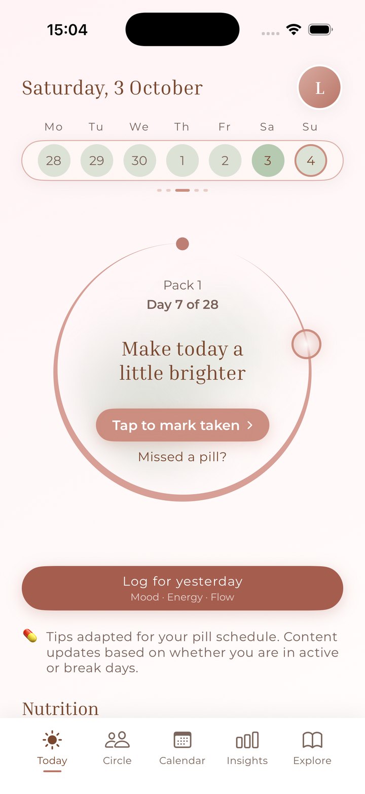 Anima Cycle Today screen in Medication mode: pack 1, day 7 of 28