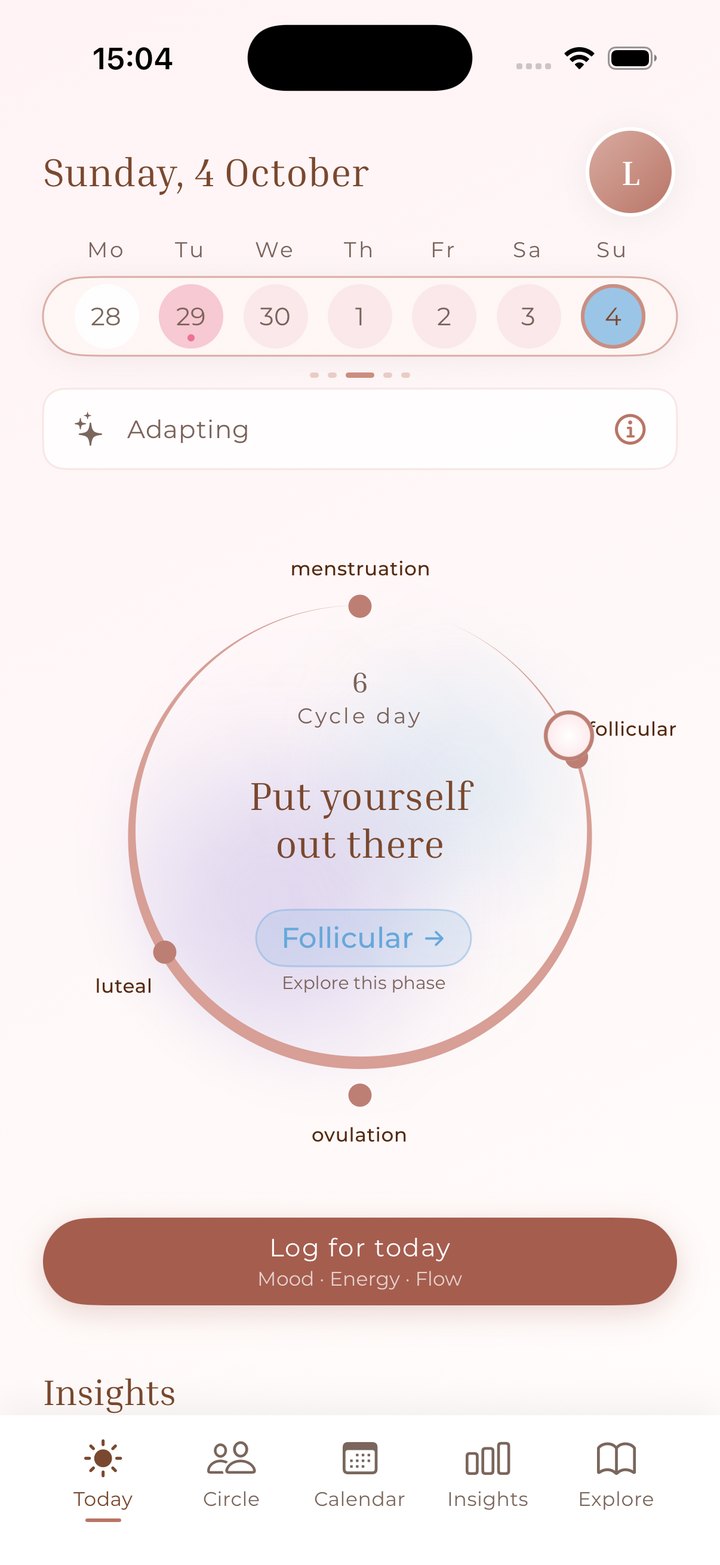 Anima Cycle app Today screen showing your current cycle day and phase